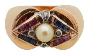 A French 1940's ruby, sapphire and diamond ring