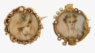 Two early 20th century French yellow gold framed brooches