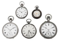 Five pocket watches, including three silver, one gun metal and silver, and one base metal