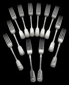 A set of Victorian Scottish silver Fiddle and Shell pattern forks