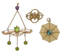 A 9ct gold three wise monkey brooch and two more