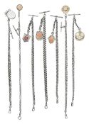 Of Military interest: A collection of seven silver 'Albert' watch chains with regimental fobs