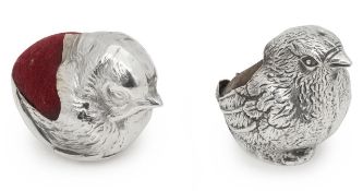Two silver pin cushions, modelled as chicks
