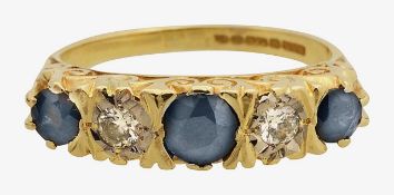 An 18ct diamond and sapphire five stone ring