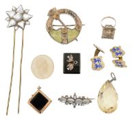 Mixed lot inc micro mosaic, moonstone brooch, citrine pendant etc. hair clip