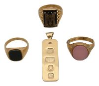 A 9ct ingot and three signet rings