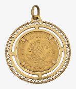 A Mexican gold 20 Pesos 1959 coin, in yellow metal pendant mount