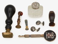 A group of seals, a pair cufflinks and an enamelled key