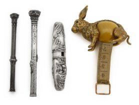 Two silver propelling pencils, a silver corkscrew and a brass tape measure