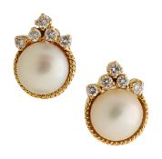 A pair of mabé pearl and diamond-set ear studs