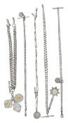 A collection of five silver 'Albert' watch chains with fobs, various dates and makers(5)