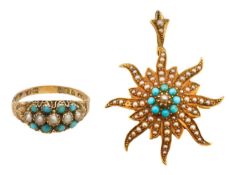 A Victorian turquoise and seed pear ring and pendant/brooch