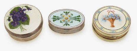 Three silver and guilloche enamel pill boxes