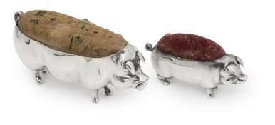 Two Edward VII silver pin cushions, modelled as pigs