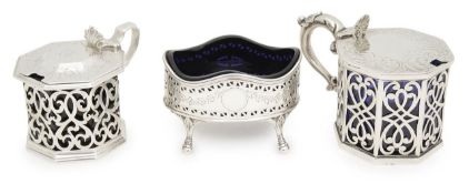 Two Victorian silver mustard pots and a George III silver salt