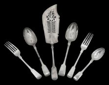 A collection of George III and later silver Fiddle pattern flatware