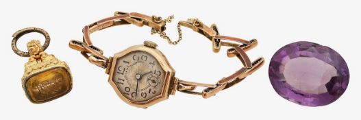 A large amethyst gem stone, Victorian fob seal and watch