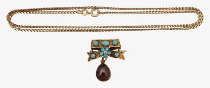 A 9ct flat link snake chain and Victorian turquoise brooch bow