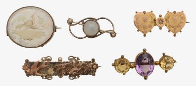 A 9ct Victorian diamond mourning brooch and three more