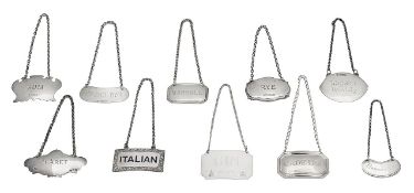 A group of ten silver decanter labels