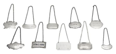A group of ten silver decanter labels