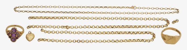 A 9ct amethyst ring, signet ring and belcher chains and heart