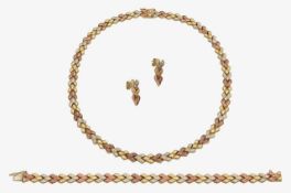 An Italian three coloured bracelet, necklace and earrings