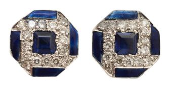 A pair of diamond and sapphire Art Deco style ear rings