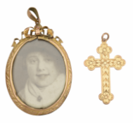 A Victorian portrait frame pendant and cross