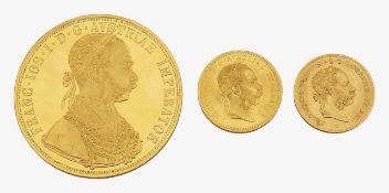 Austrian Empire. Gold Coins: 4 & 1 Ducat 1915, 4 Florins 1892 (3)