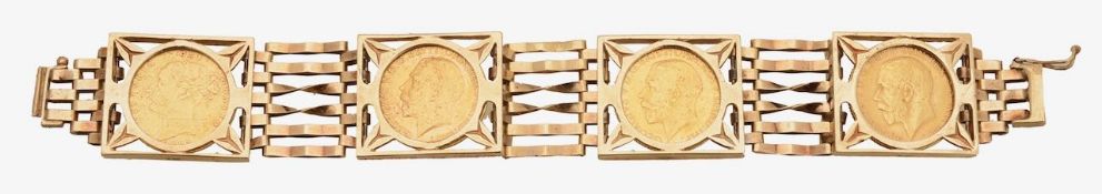 A 9 carat gold gatelink bracelet, mounted with four gold half sovereigns