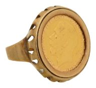 A George V 1913 gold half sovereign in 9 carat ring mount