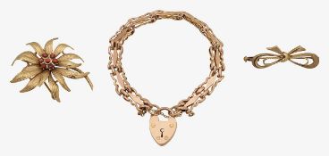 A 9ct gate bracelet, flower brooch and bow pin