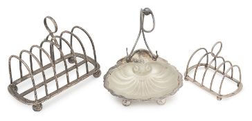 Two George V silver roast racks and a silver plated butter dish