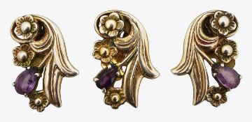 A pair of floral design amethyst ear clips and one other