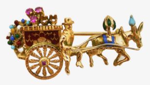A Continental gem-set donkey and cart brooch