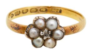 A 22ct Victorian diamond and seed pearl daisy ring