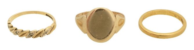 A 22ct band, diamond band and signet ring