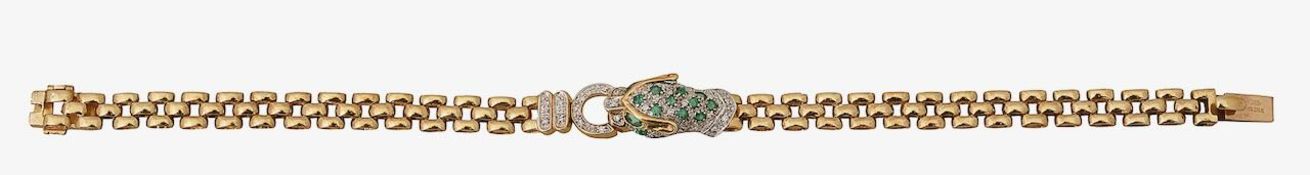 A fancy link diamond and emerald panther bracelet