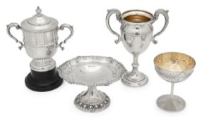 Three silver trophy cups and a presentation pedestal dish