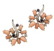 A pair of coral, diamond and sapphire ear studs