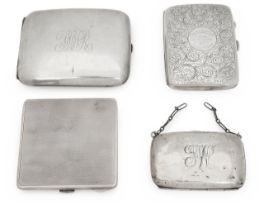 A group of three Edward VII and later silver cigarette cases and a purse