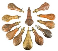 Fourteen Victorian brass and copper powder and shot flasks
