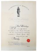 A 1966 Ivor Novello certificate for 'Yesterday' awarded to Paul McCartney