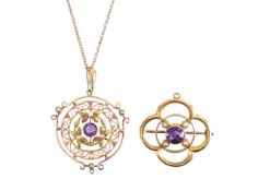An Edwardian 9ct gold amethyst and seed pearl pendant