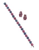 A sapphire and ruby bracelet and ruby ear rings
