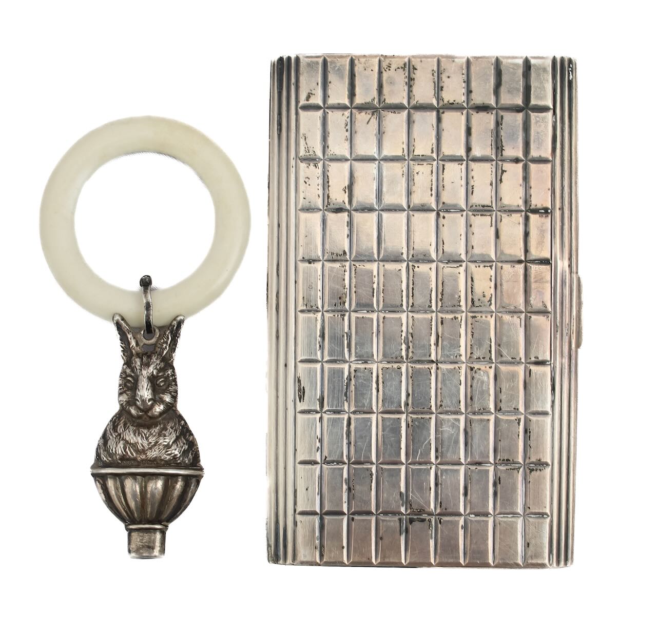 An Italian silver cigarette case, and a George VI silver rattle - Image 2 of 2