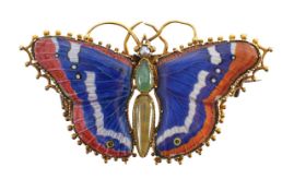 A mid Victorian polychrome enamel, pearl and hardstone butterfly brooch