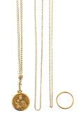 A 22ct gold band, a medallion chain and two further chains