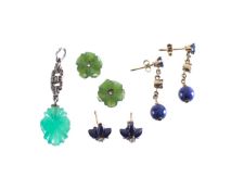 A pair of diamond and sapphire drop ear rings and two more